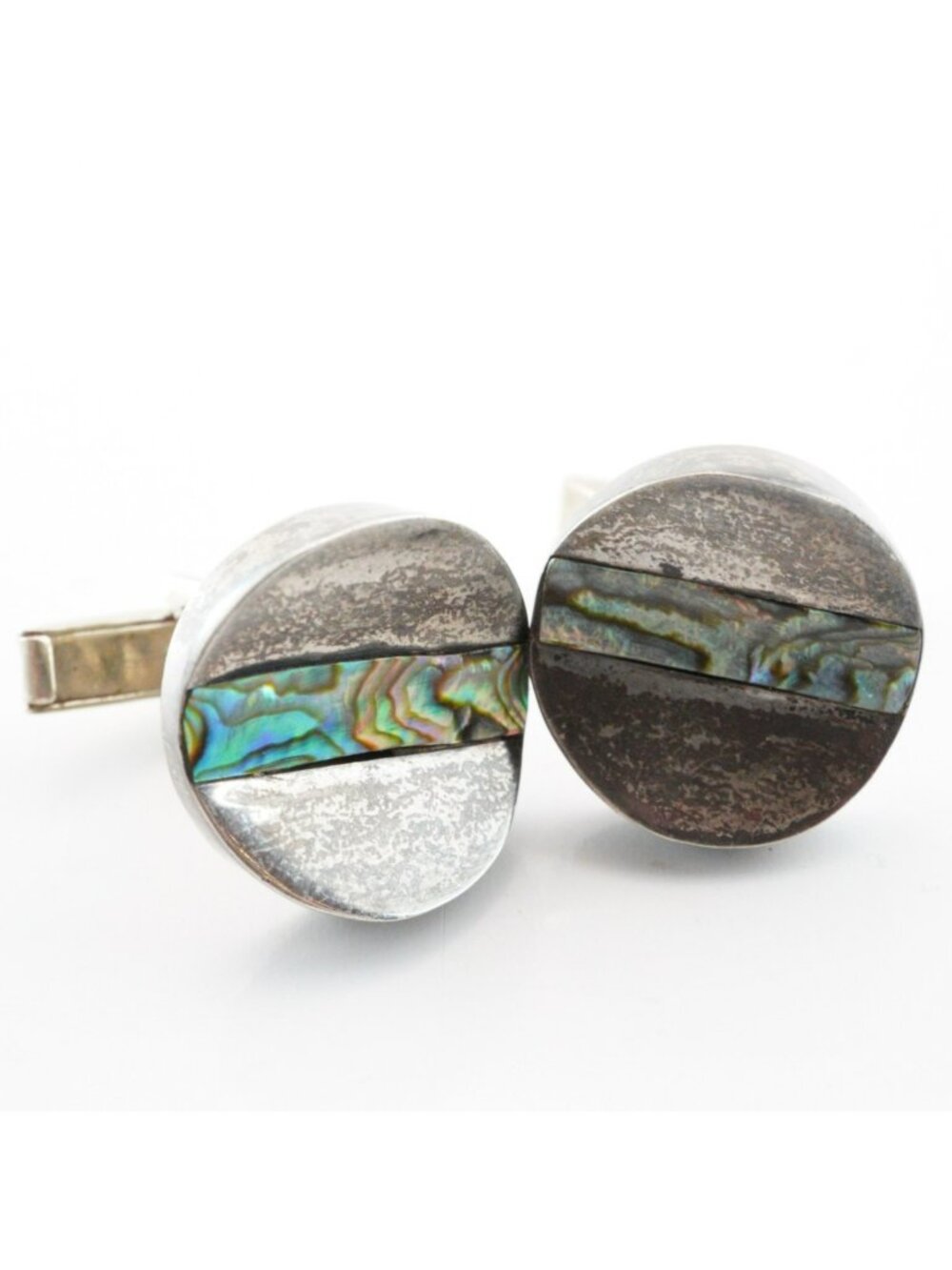 Vintage Taxco Sterling Silver Abalone Inlay Round Cufflinks Mexico